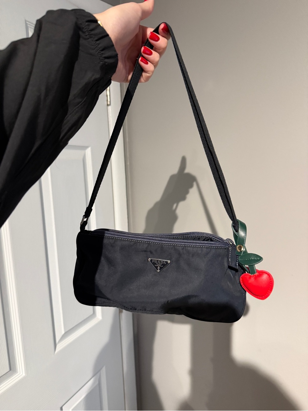 Prada Black Nylon Mini Shoulder Bag with Red Cherry Charm